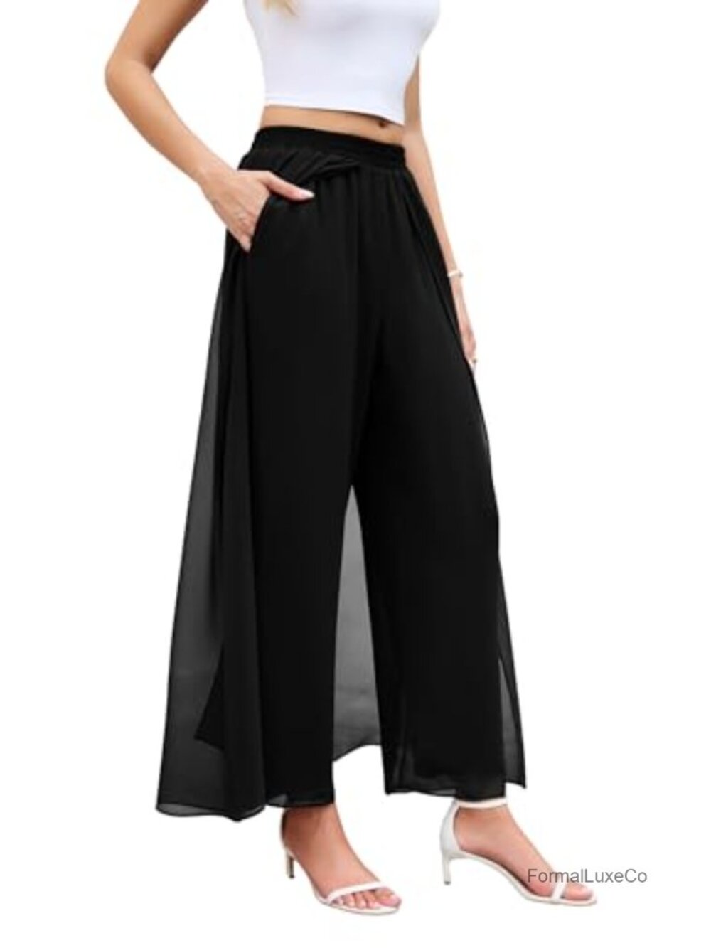 Women's Wide Leg Palazzo Pants Elastic High Waist Chiffon Dress Pants